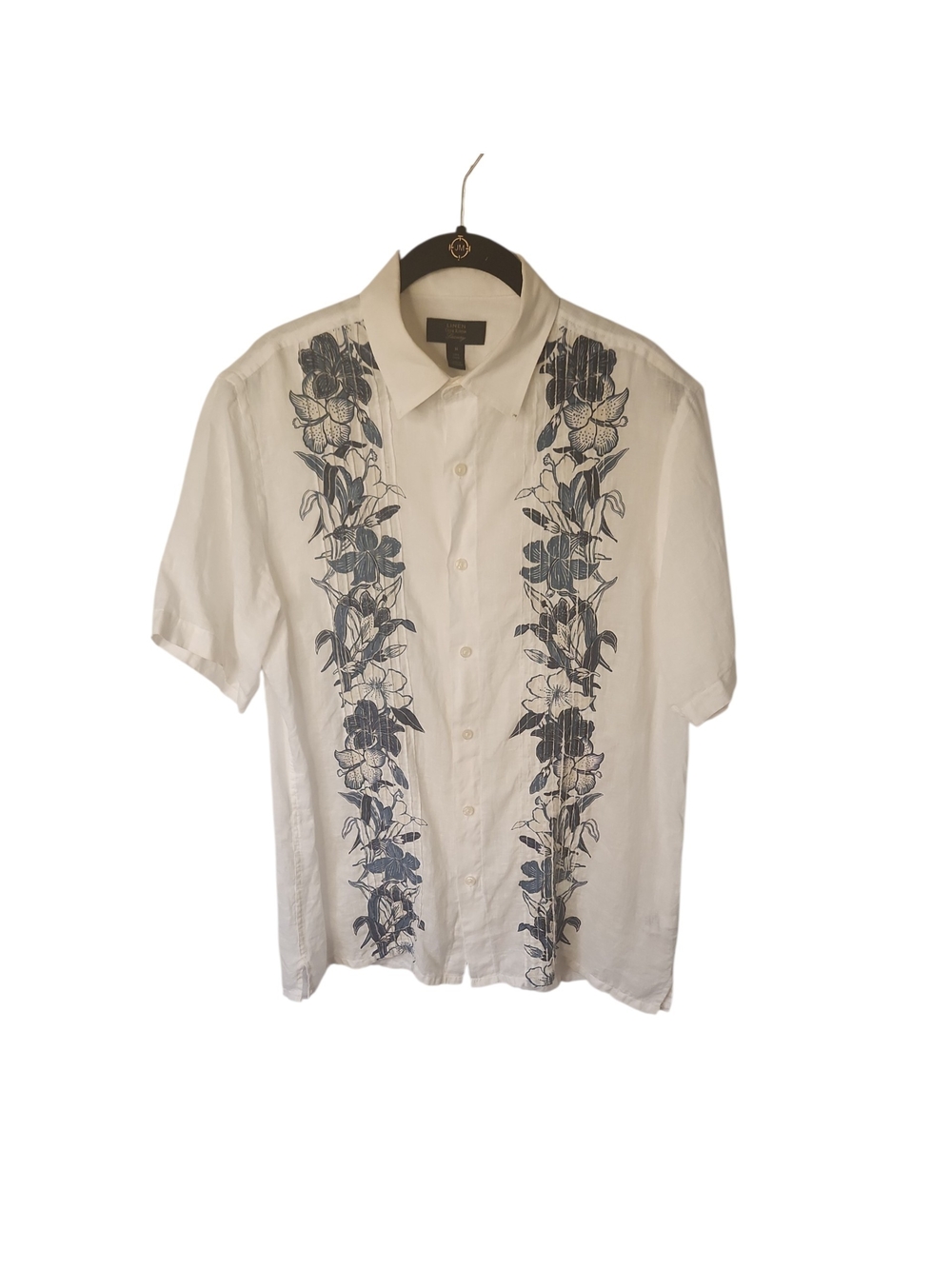 Club Room Luxury White Linen ShortSleeve FloralEmbroidery Guayabera Shirt Size M